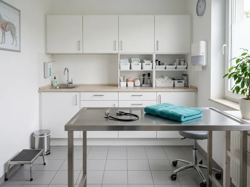 Sala de consulta com mesa de inox e armários brancos