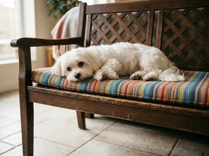 Cão pequeno branco a descansar num banco de madeira