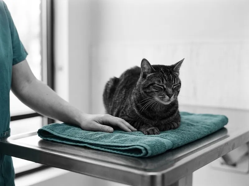 Gato sentado com calma numa mesa de consulta