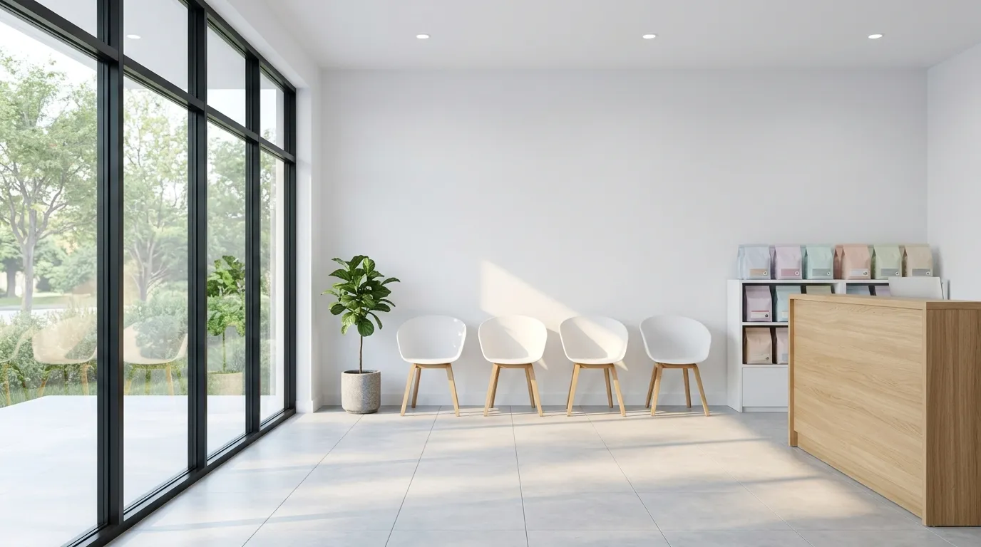 Sala de espera luminosa atrás de uma montra de vidro, com cadeiras brancas e chão claro